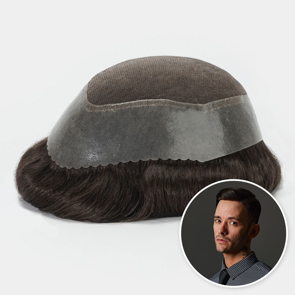 Swiss Lace Hair System Toupee for Men with PU Perimeter & Scallop Front