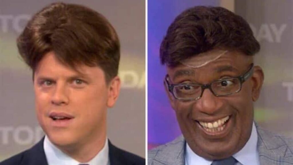 Two celebrities wearing bad toupees that look fake