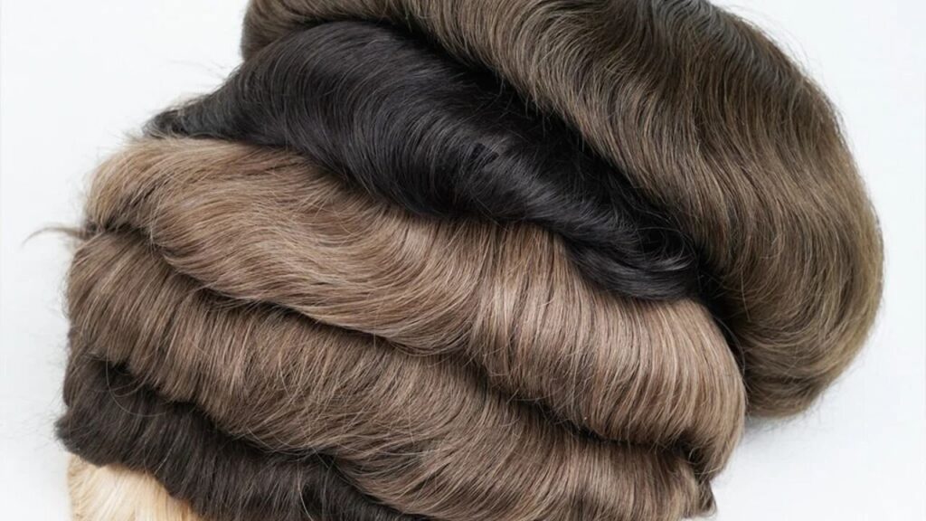 A pile of hair toupees for men